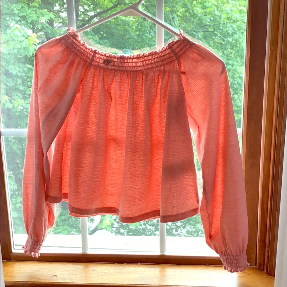 Off the shoulder, baby pink long sleeve shirt